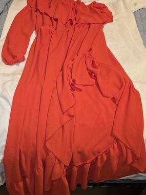 Bright Red Ruffled One Shoulder Maxi Dress